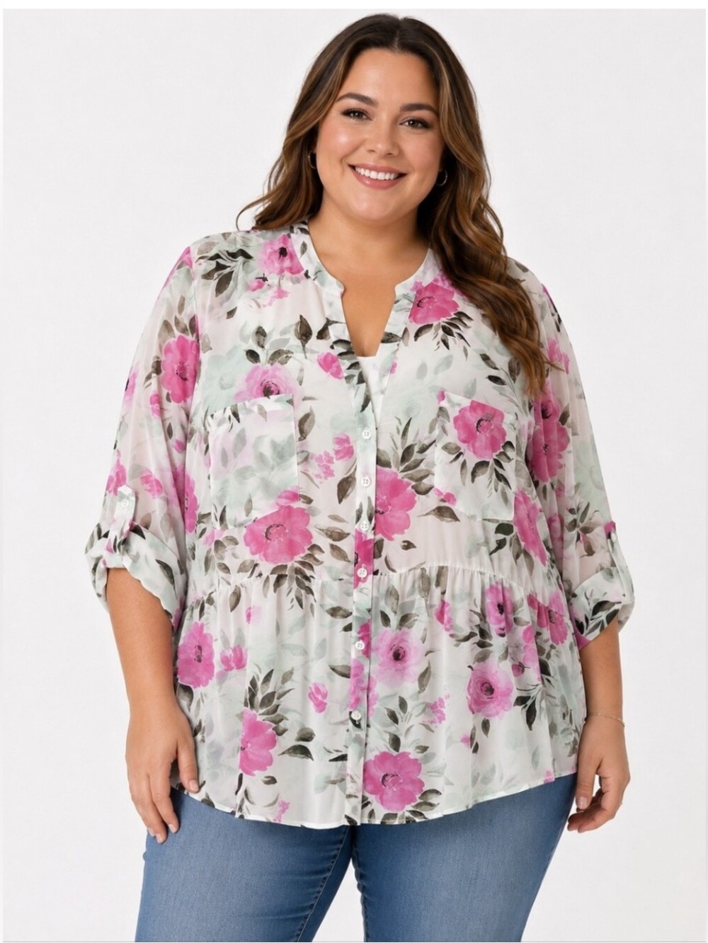 TORRID Floral Chiffon Tunic Blouse
Pink & White Button Front SZ: 0X Plus